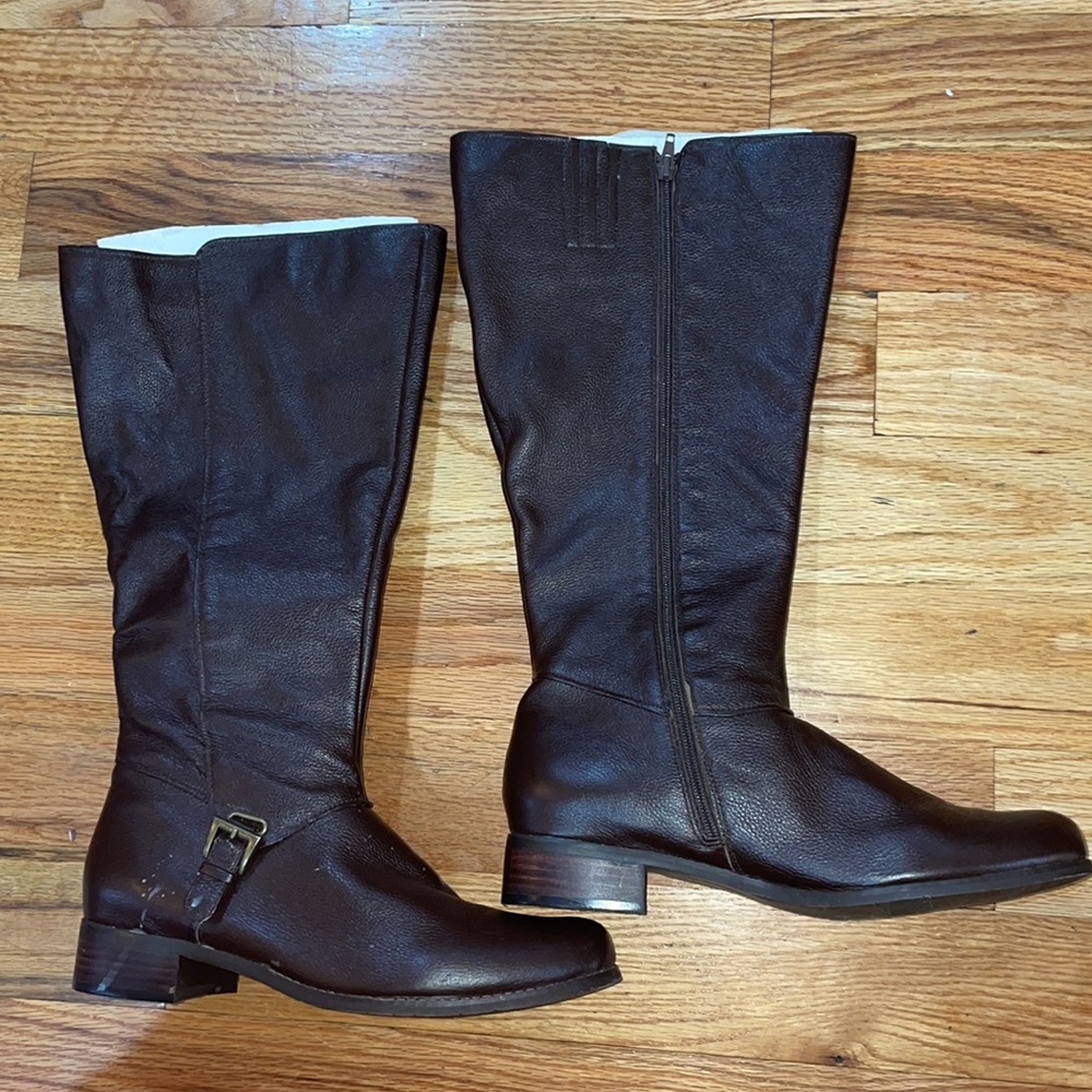 NEW Flat Genuine LEATHER KNEE HIGH WIDE CALF PLUS BOOTS Brown 10